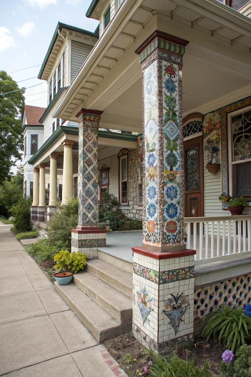Tiles bring artistic flair and creativity to porch columns.
