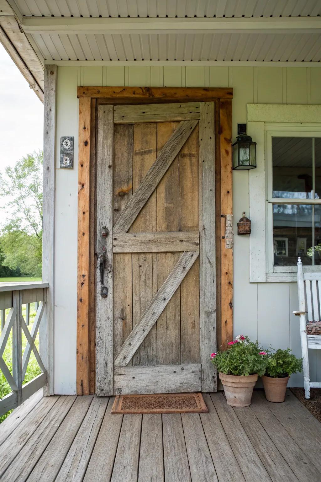 A vintage porch door crafted from a salvaged barn door adds unique character.