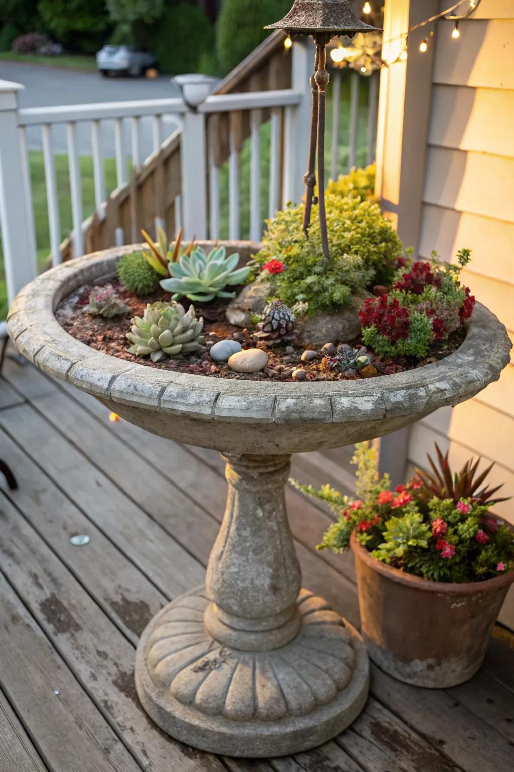 A succulent garden in a birdbath adds a quirky touch to porch decor.