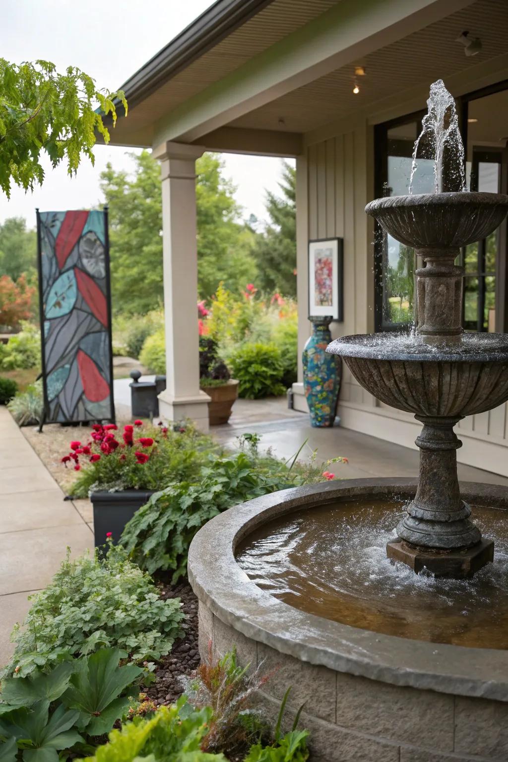 An artistic sculpture fountain adds a creative touch to your porch.