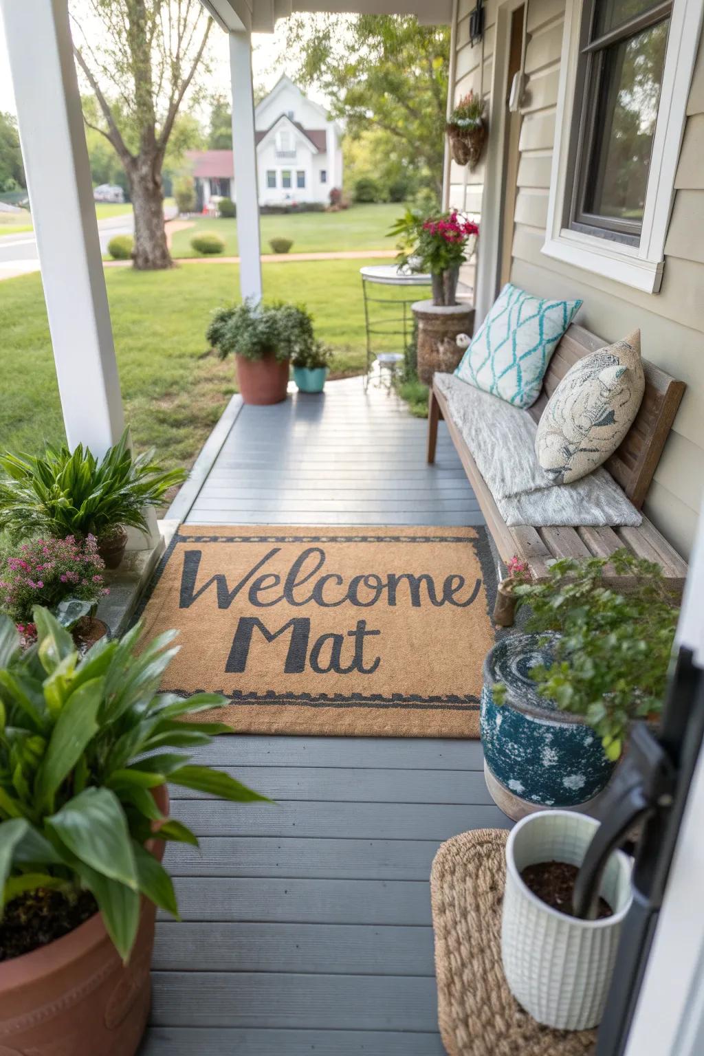 A personalized welcome mat greets guests with style.
