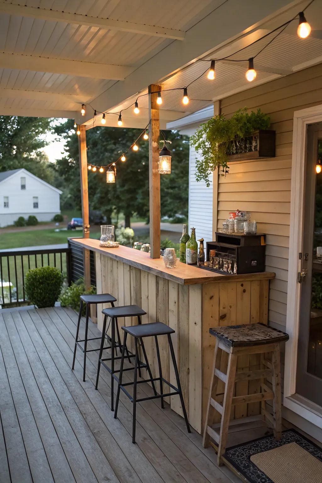 A DIY outdoor bar is a fun addition for entertaining on the porch.
