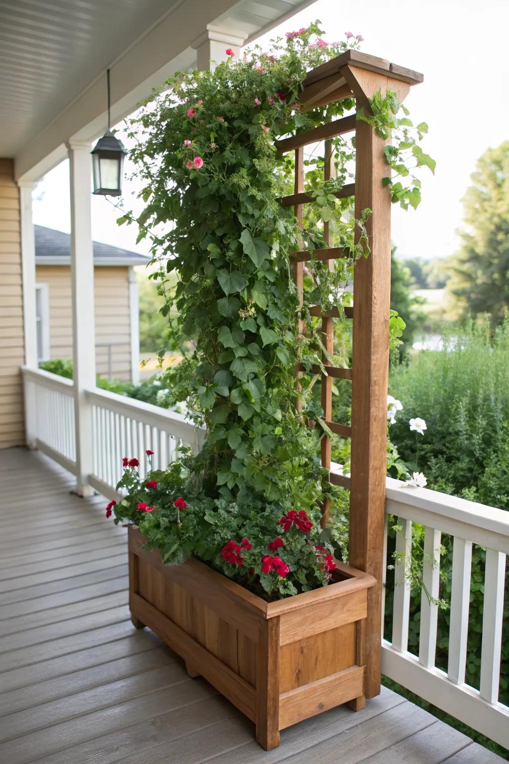 Create elegant height with trellis planter boxes.
