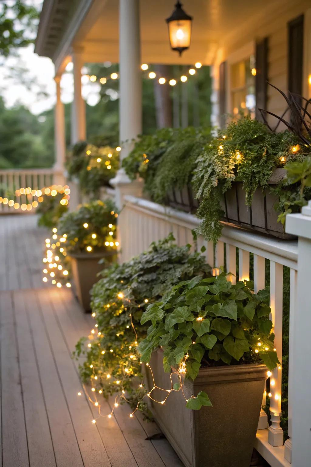 Fairy lights in planters add a magical touch to porch greenery.