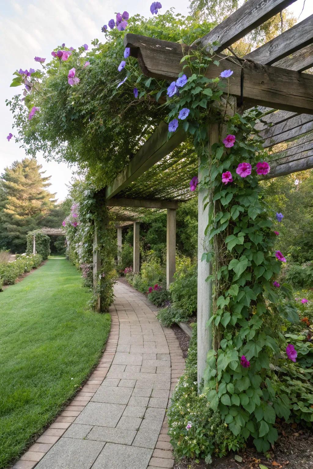 A pergola serving as a temporary trellis for beautiful blooms.