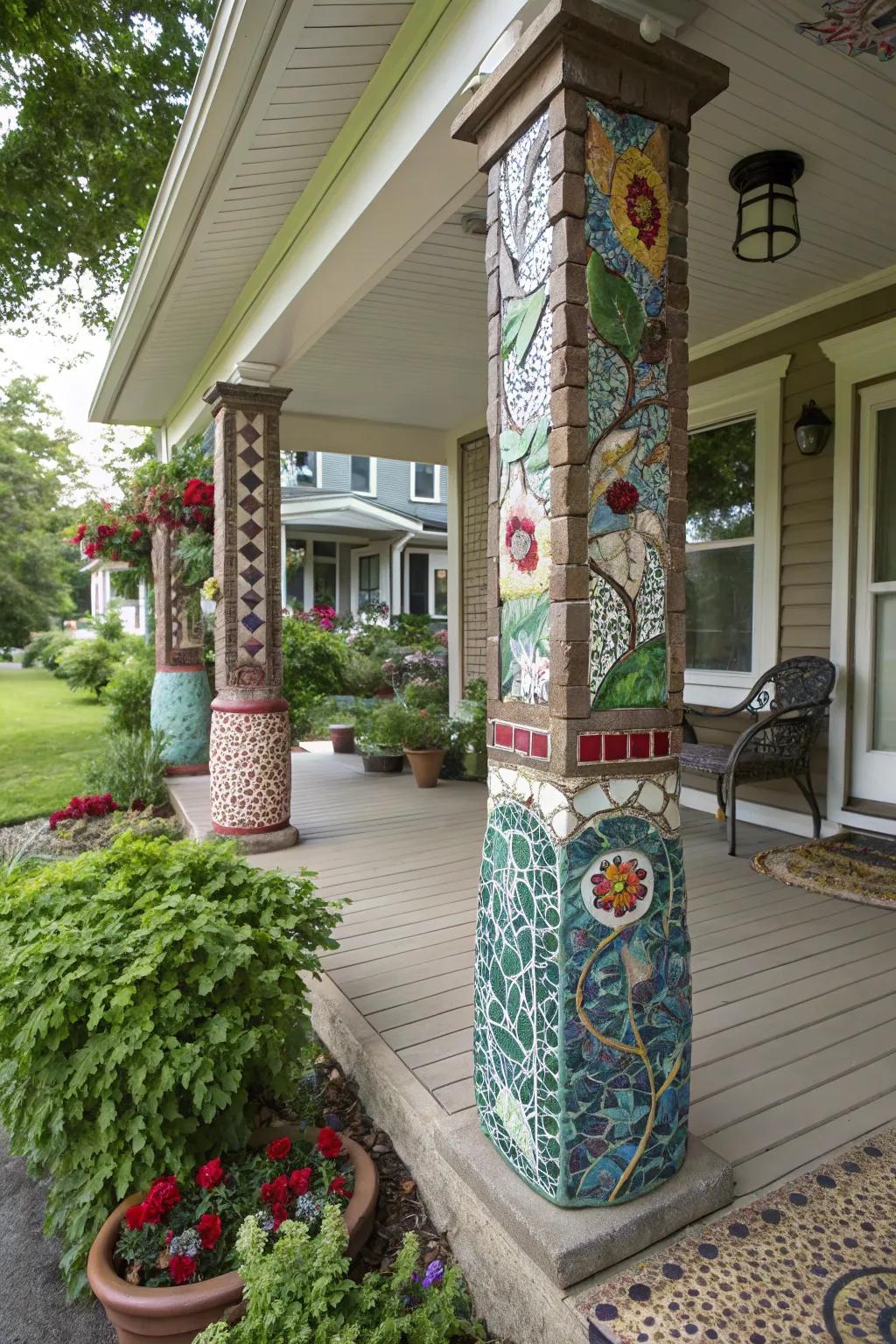 Artistic mosaic designs make your porch posts a unique work of art.