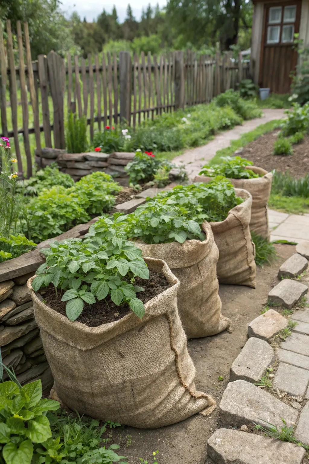 Rustic hessian sacks providing a cozy home for potatoes.