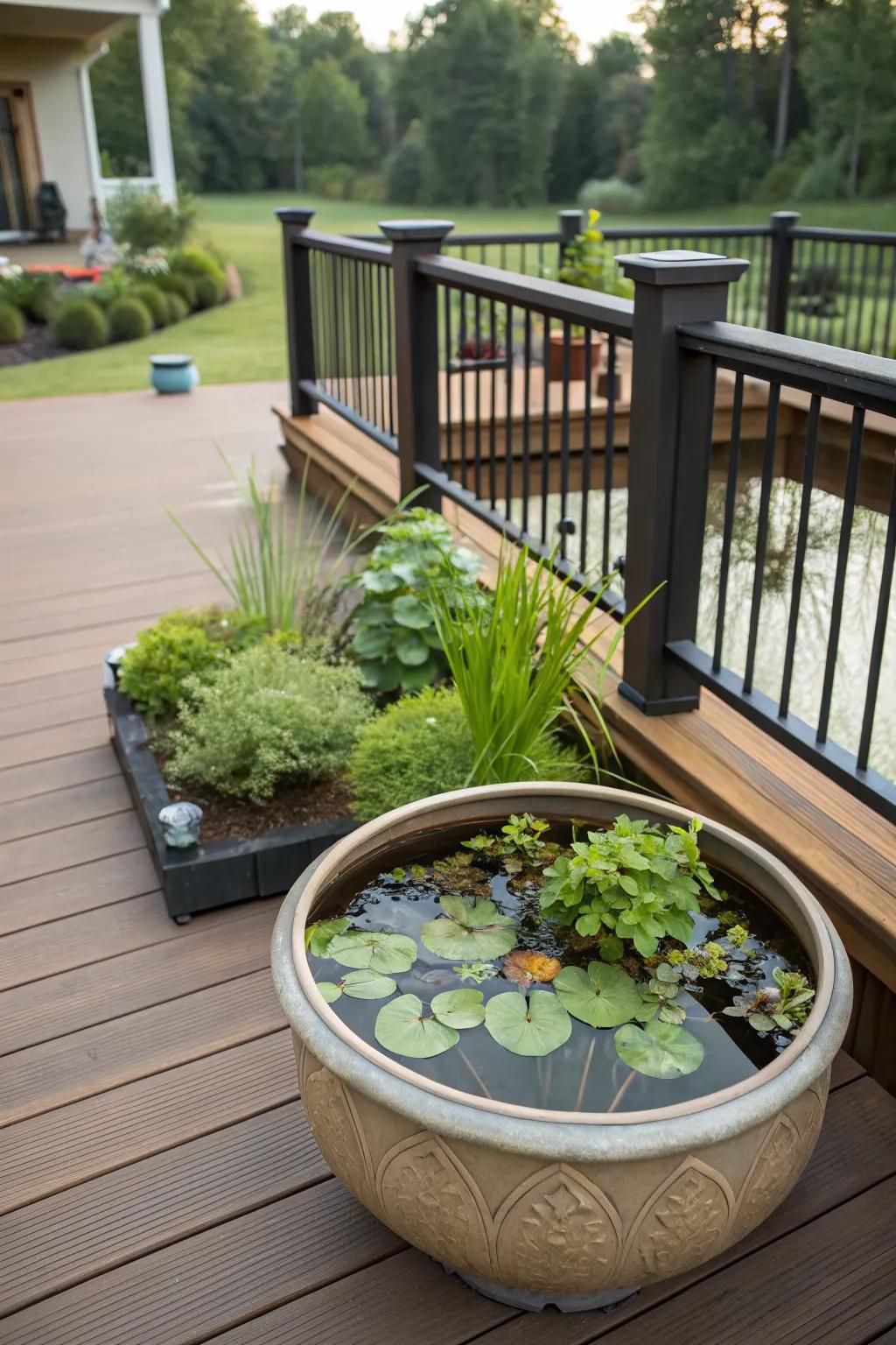 A water garden adds tranquility and charm to your deck.