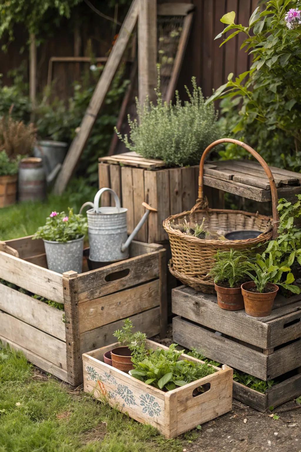 Upcycled storage solutions add charm and functionality.