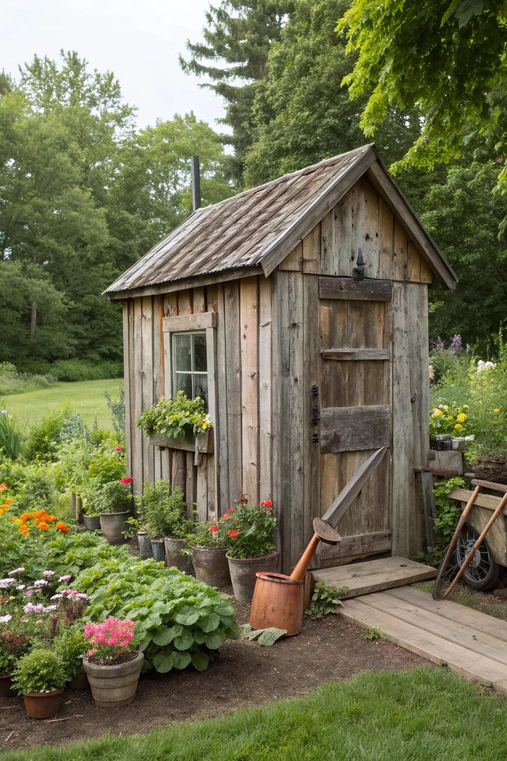 Eco-friendly potting shed made from recycled materials.