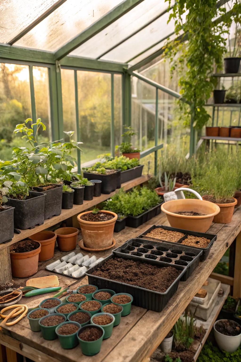 A functional potting station within a greenhouse setting.
