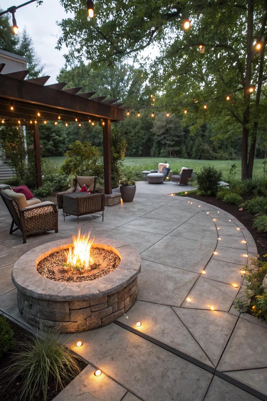 Integrated lighting adds a magical glow to the patio.