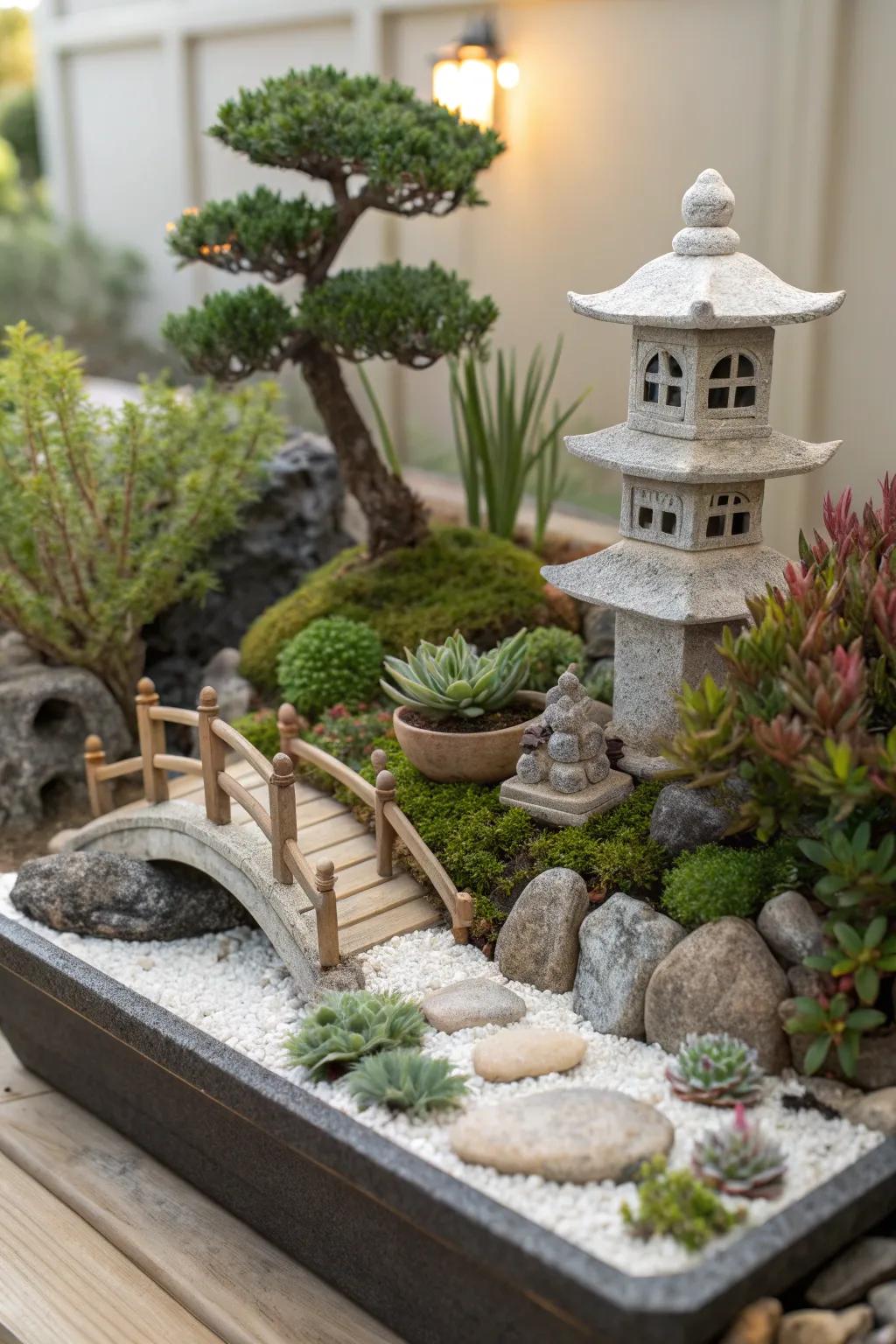 A charming miniature meditation garden, featuring tiny plants and serene decor.