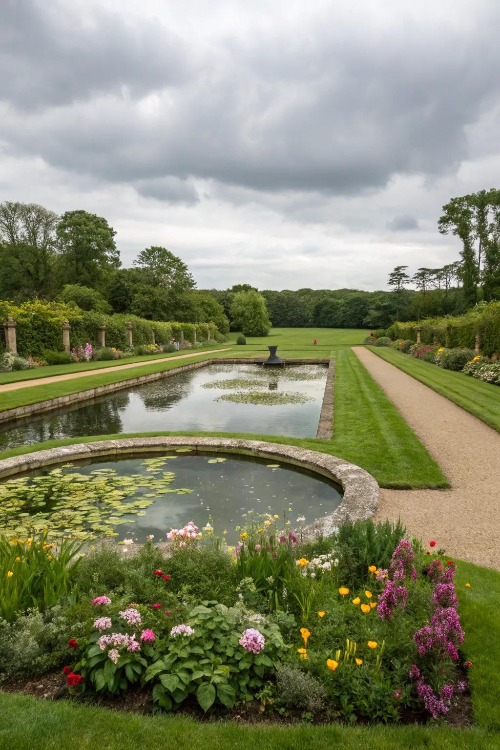 A magnificent large preformed pond dominating the garden landscape.