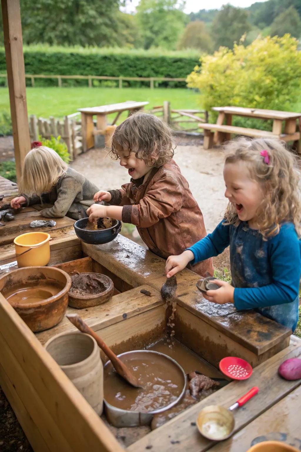 Preschoolers whipping up imaginary dishes in a creative mud kitchen.