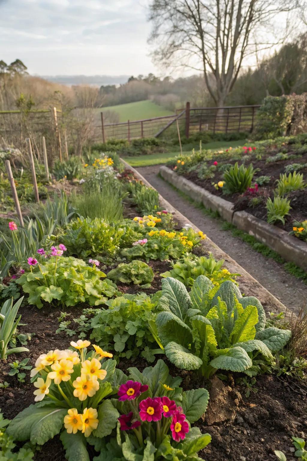 Primroses add charm to an edible garden setting.