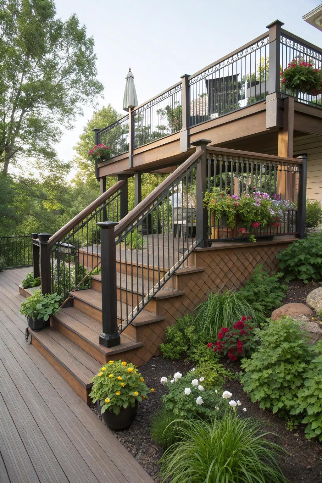 Different heights and textures add depth and privacy to this deck.