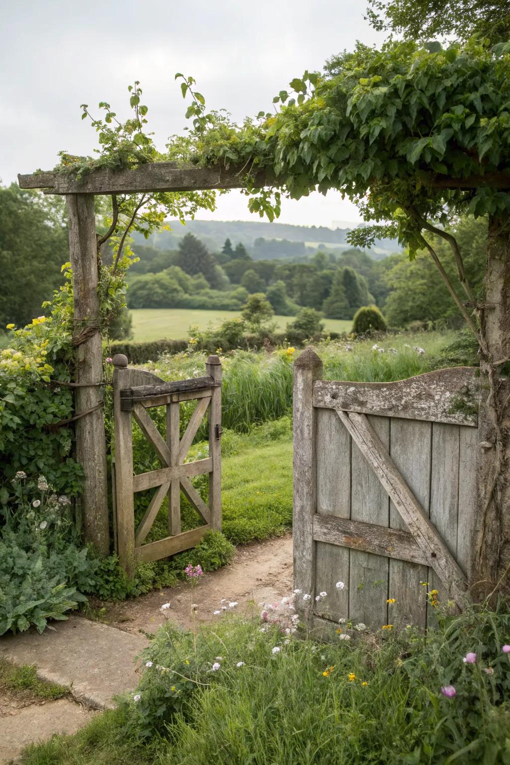 Rustic wooden gates bring countryside charm.