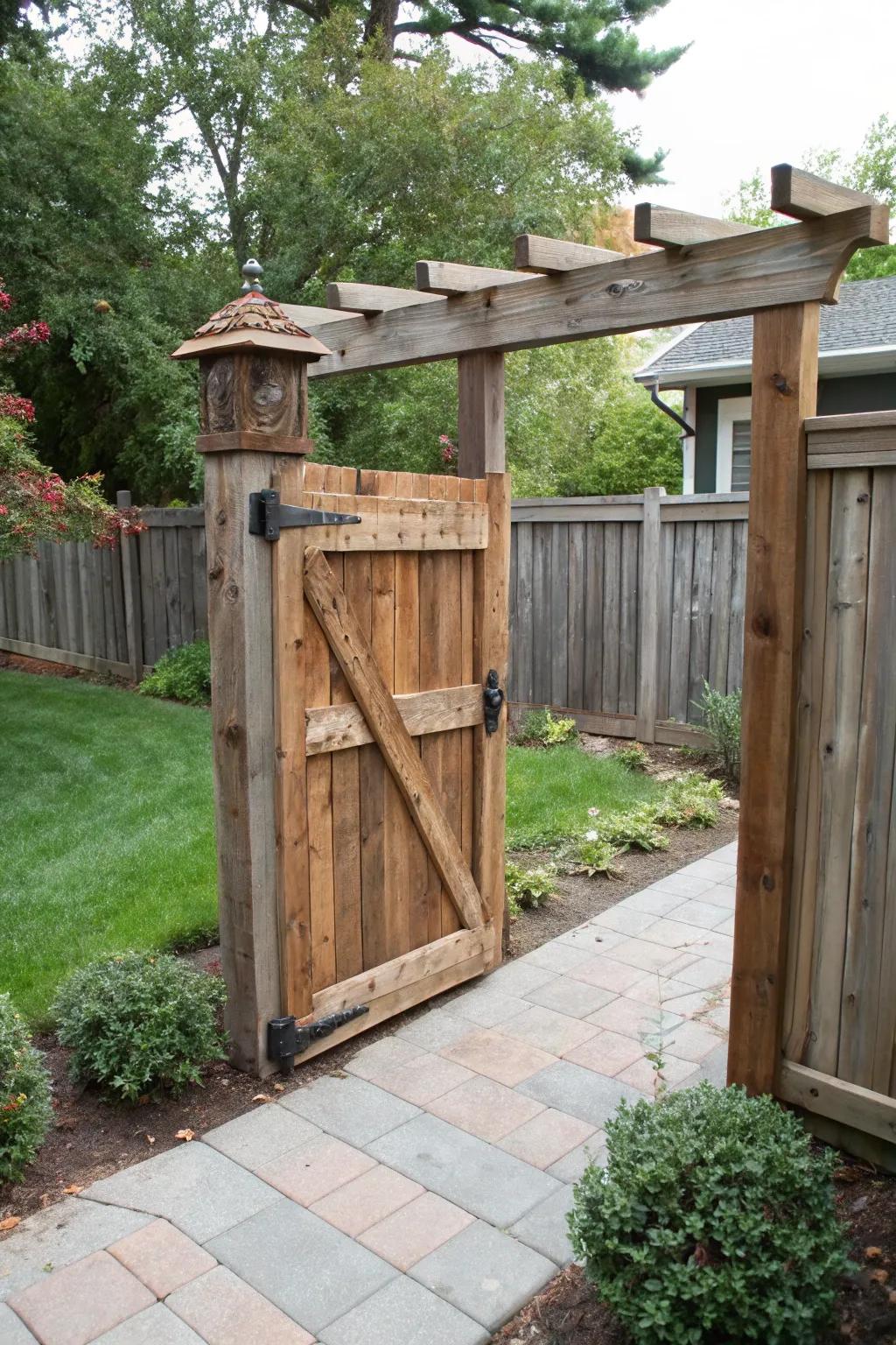 A sliding barn door style gate, offering rustic charm and functionality.