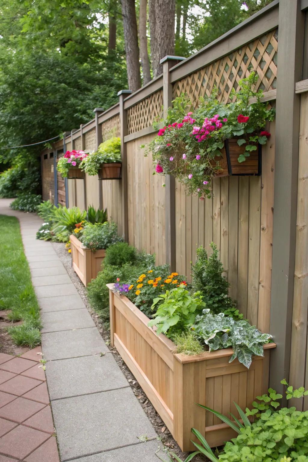 Planter boxes adding color and life to the fence.