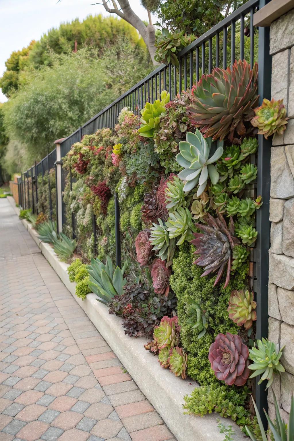 Succulent plant wall offering privacy and visual intrigue.