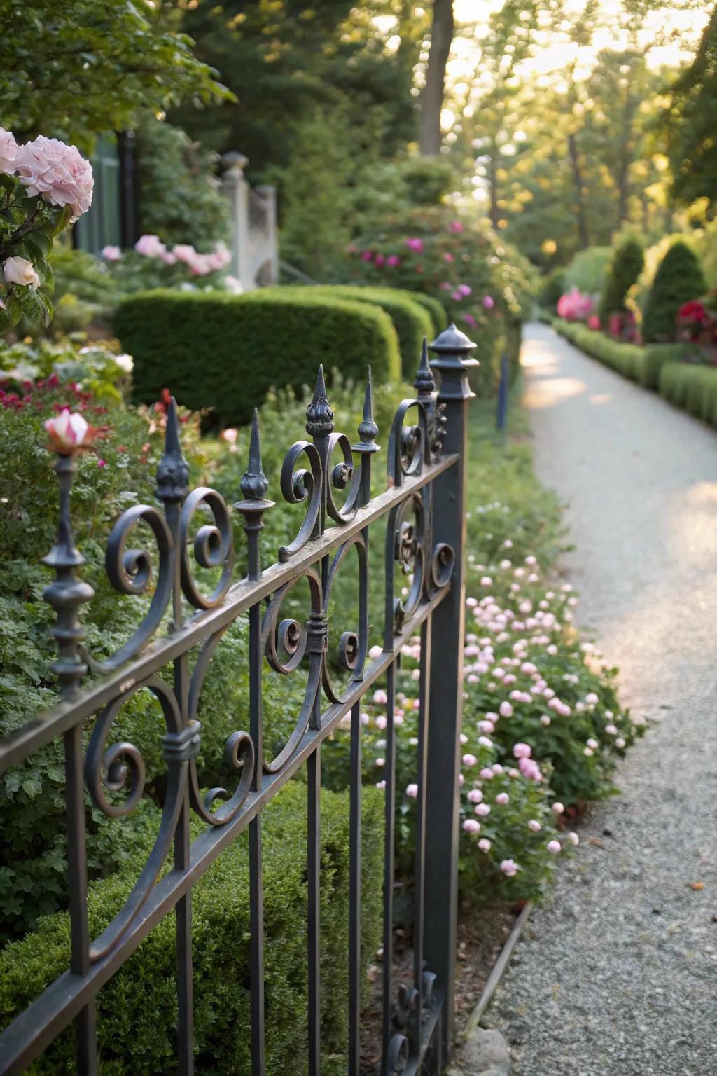 A wrought iron fence featuring decorative scrolls for artistic flair.