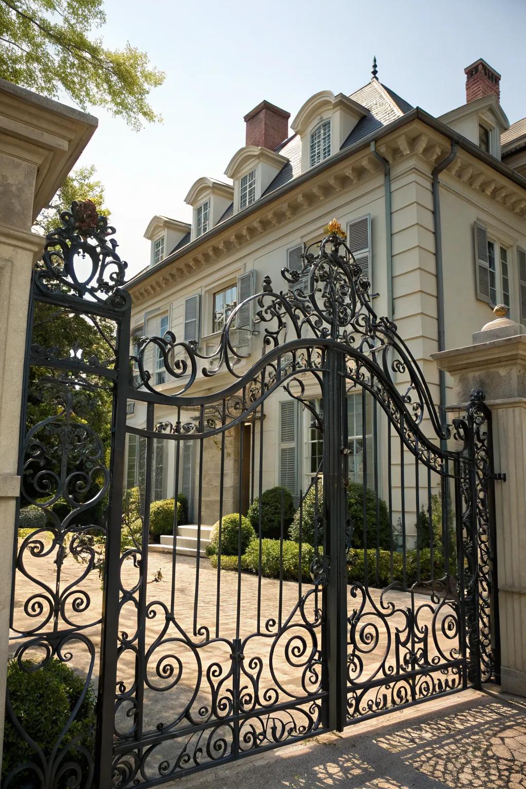 Wrought iron gates exude timeless elegance and strength.
