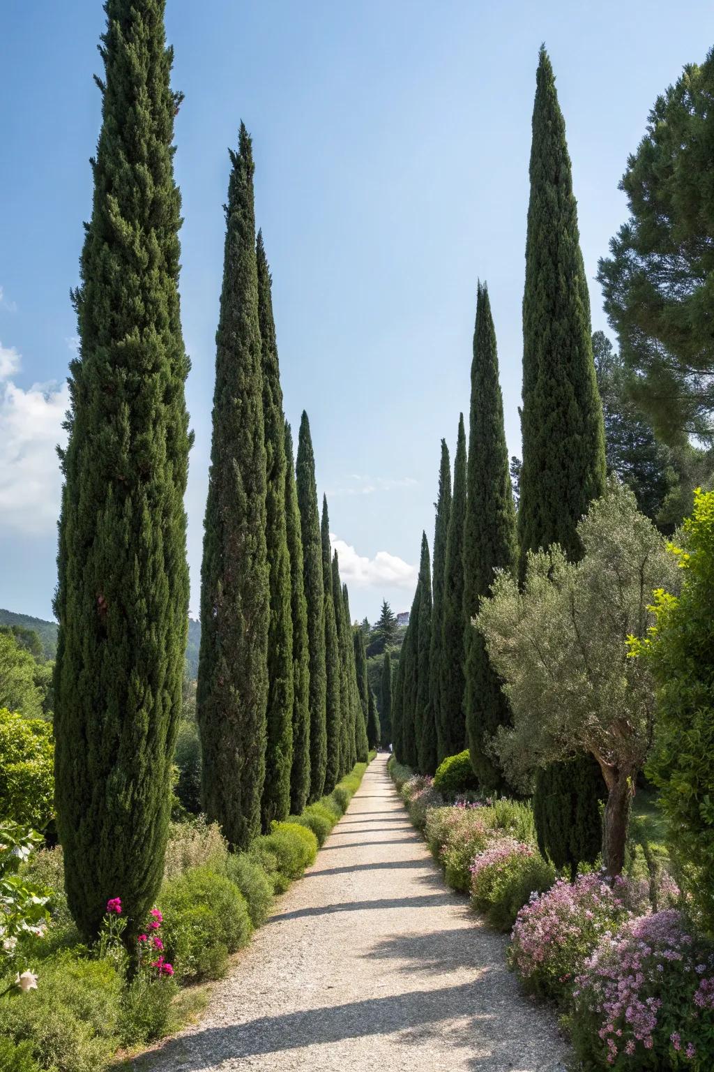 Tall cypress trees adding vertical interest to the garden.