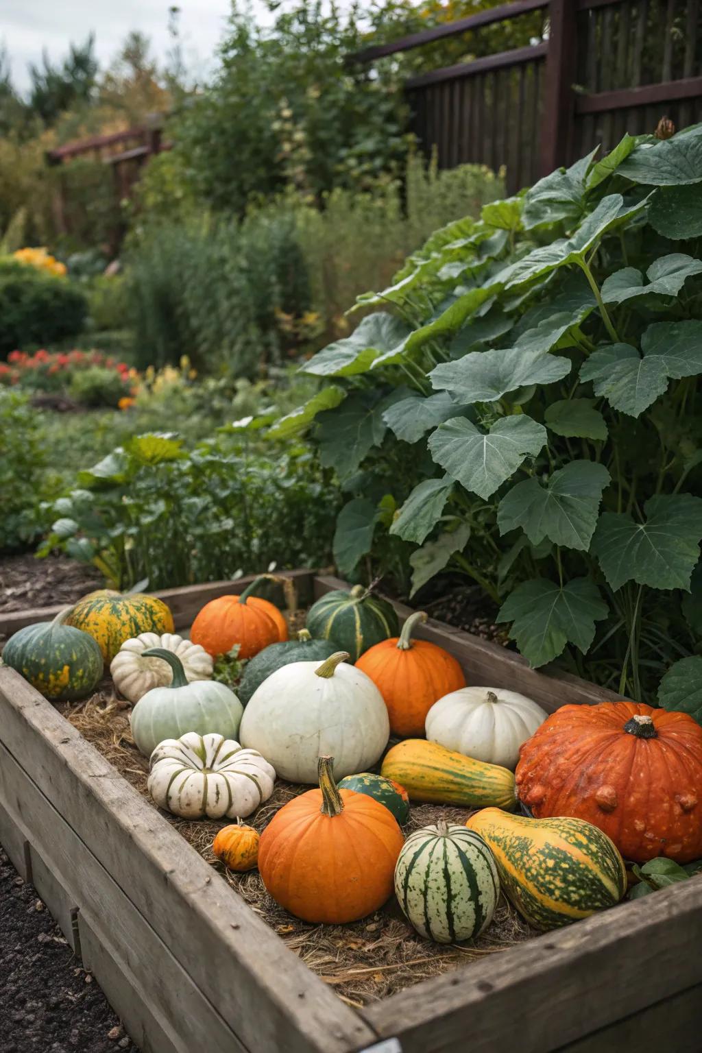 A delightful mix of gourds and pumpkins adding texture and interest to the garden.