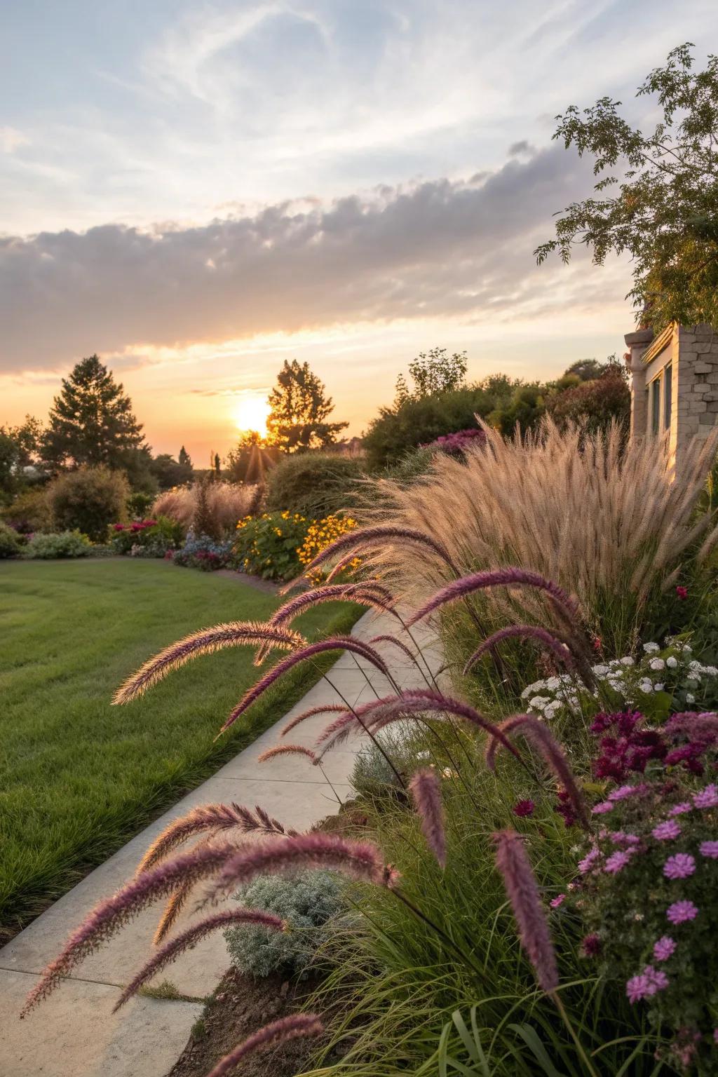 An enchanting garden glow with purple fountain grass at sunset.