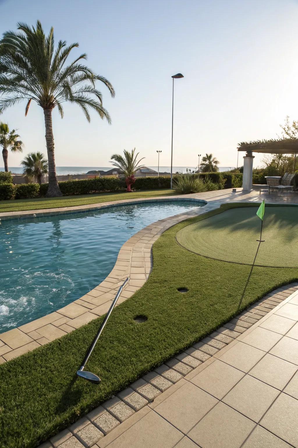 Poolside greens offer a luxurious backdrop for your game.