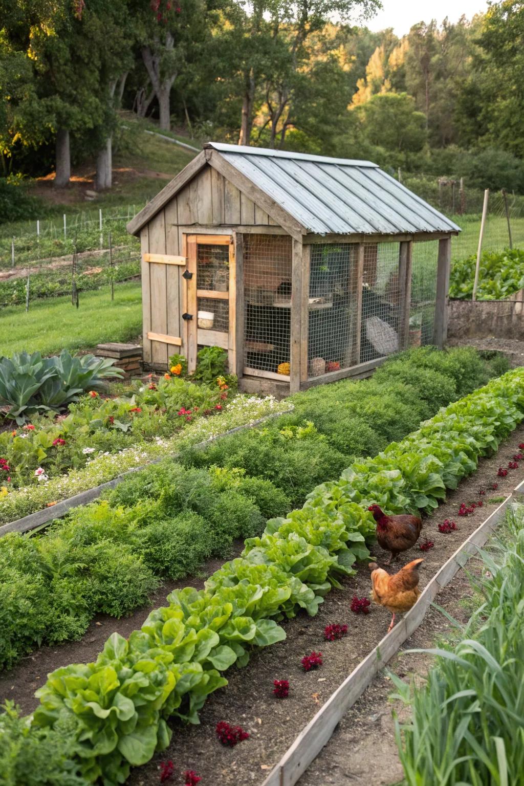 An integrated garden coop where quail contribute to pest control.