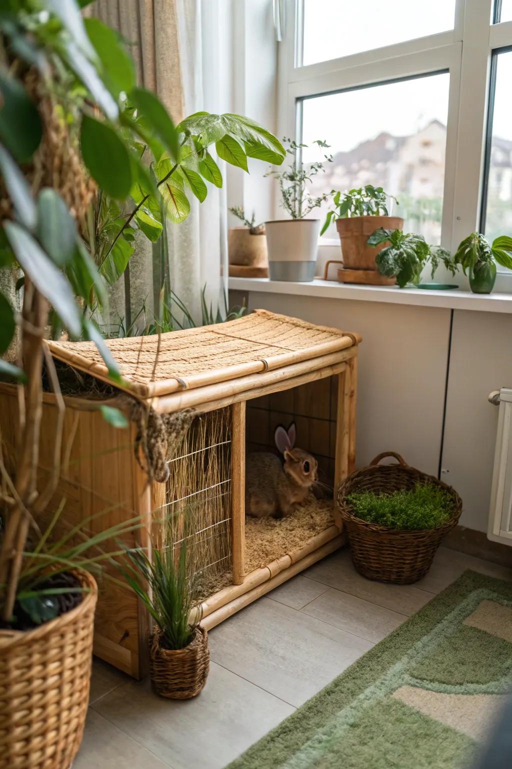 An eco-friendly rabbit cage crafted from sustainable materials.