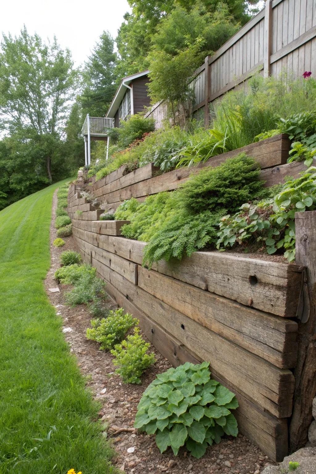 A sturdy retaining wall using railroad ties.
