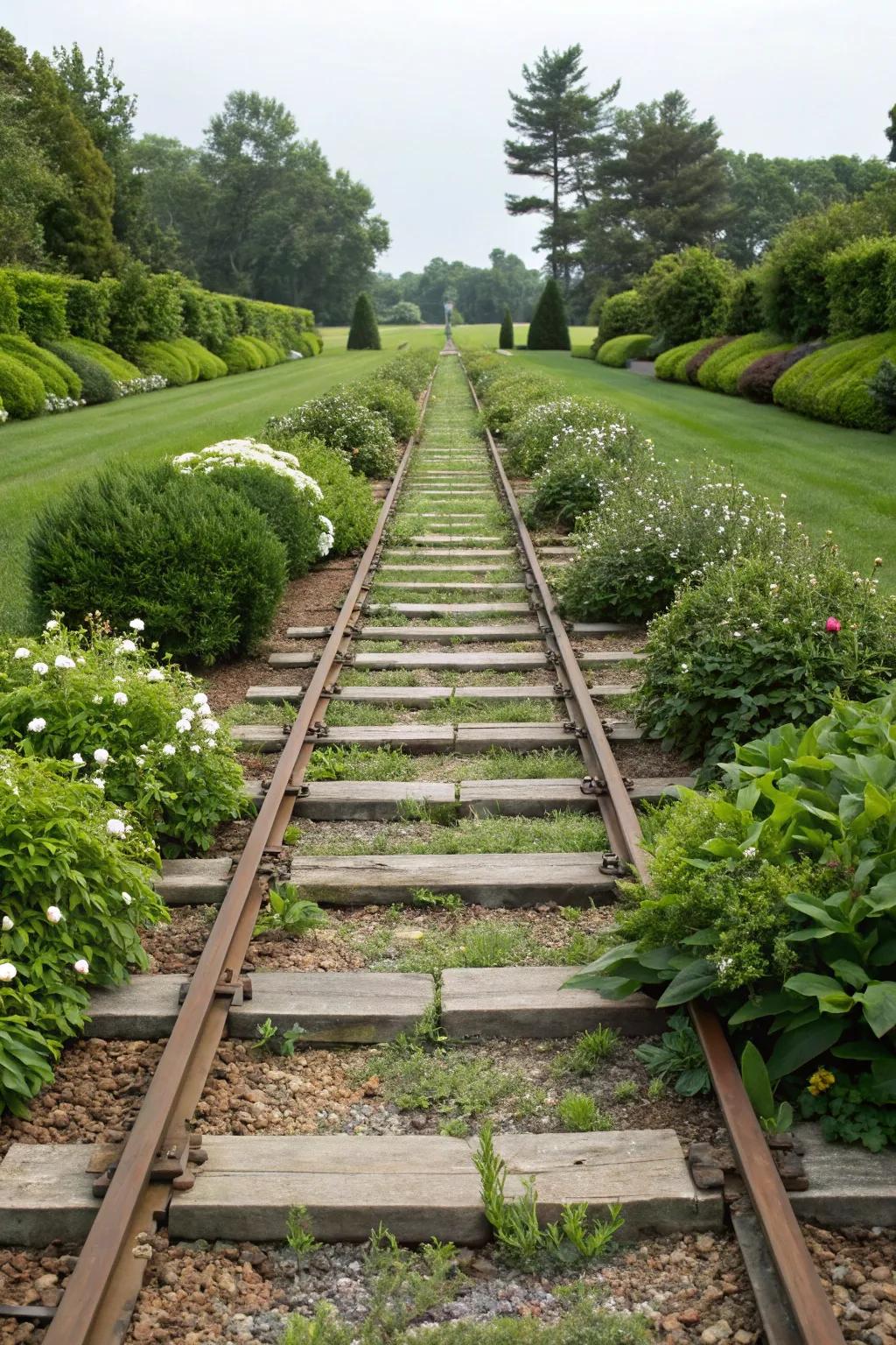 Symmetry with railroad ties creates a balanced garden path.