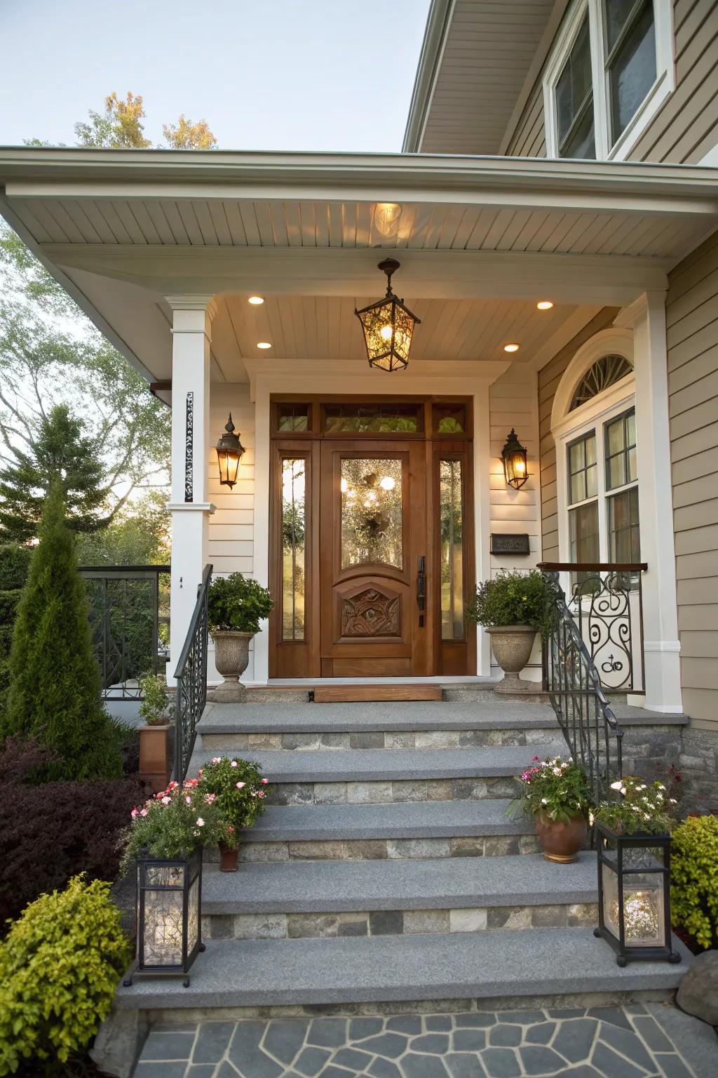 A raised porch featuring an elegant front door that serves as a focal point.
