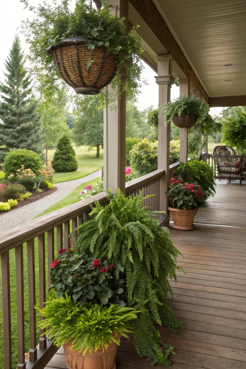 Evergreen plants keeping a raised porch vibrant year-round.