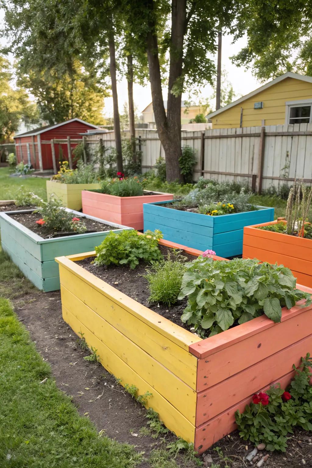 Colorful garden beds add a splash of fun and vibrancy.