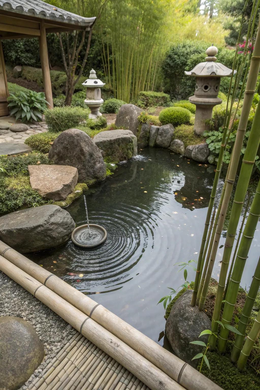 Zen elements create a peaceful pond setting.