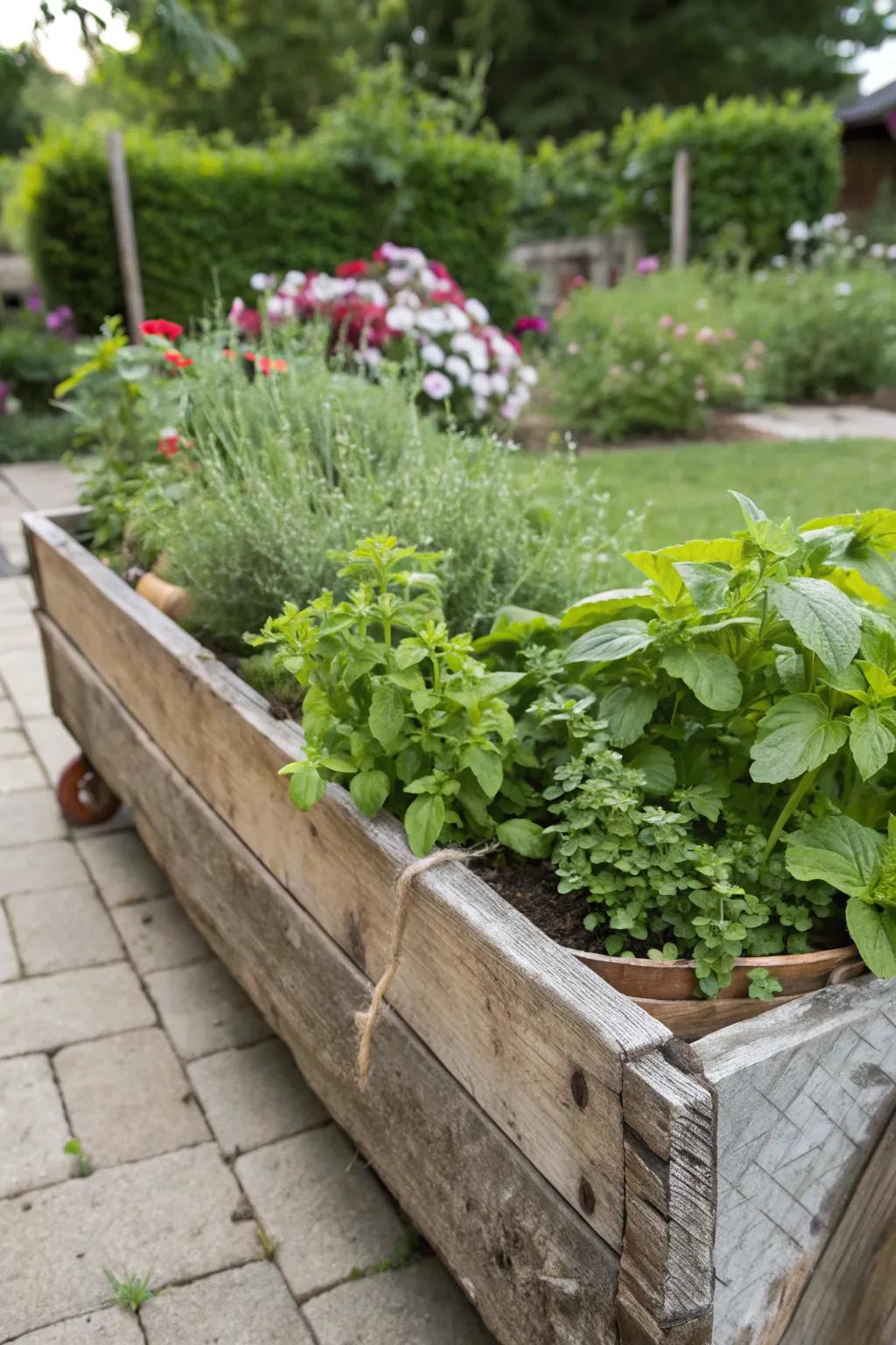 A vintage-inspired herb trough made from reclaimed wood.