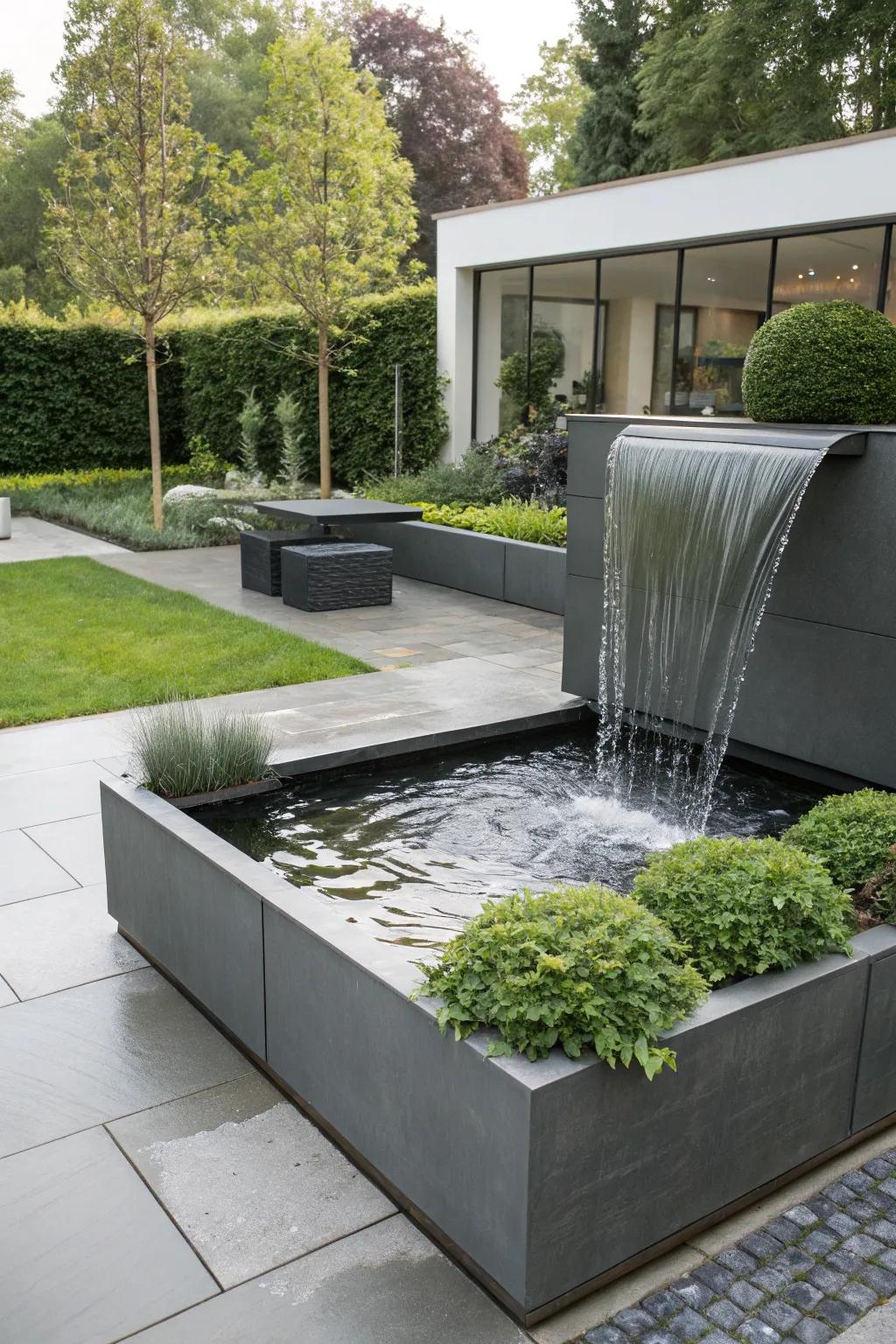 A modern metal pond with a sleek waterfall for contemporary spaces.