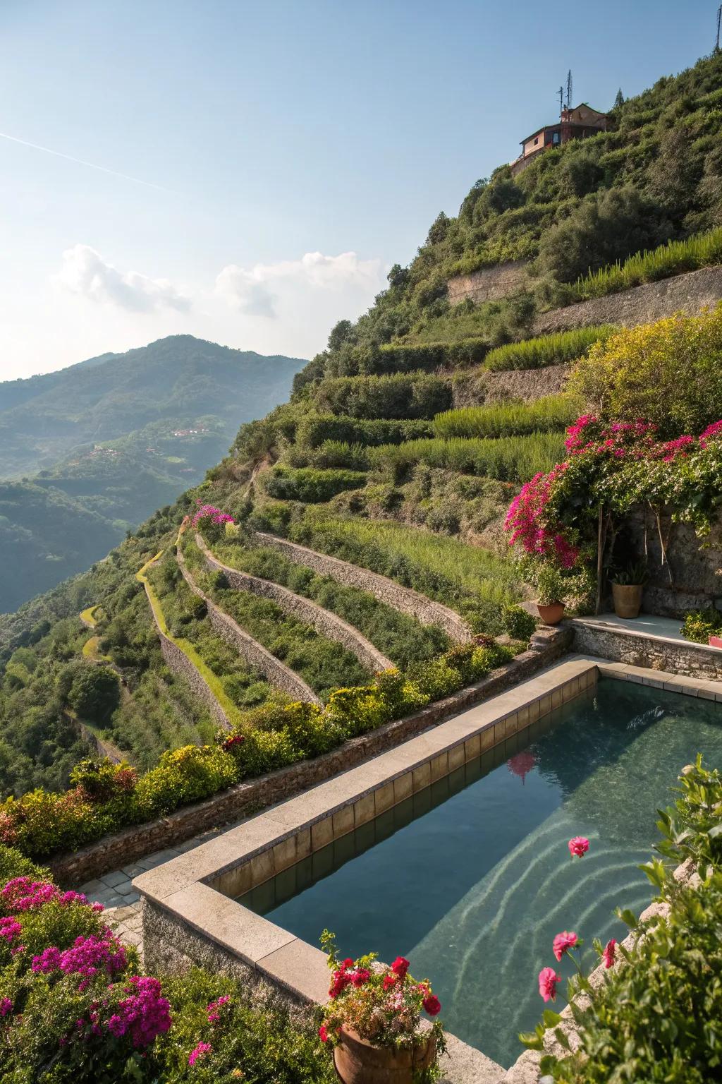 A raised pool seamlessly integrated into a terraced landscape.