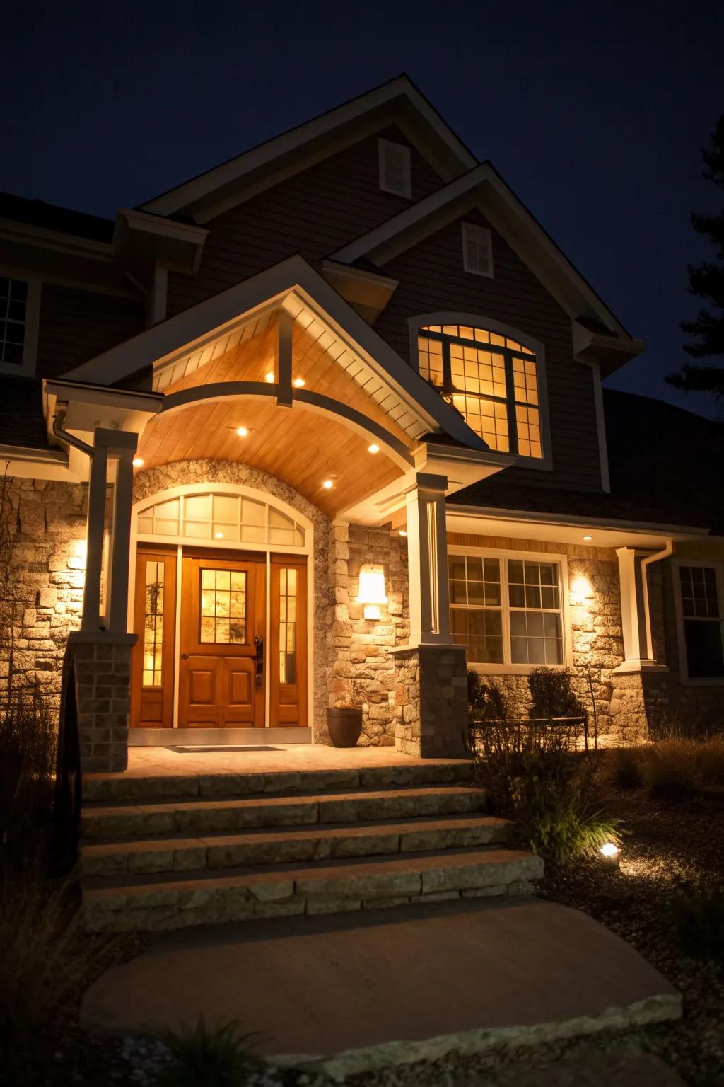 A raised ranch entrance enhanced by dramatic accent lighting.