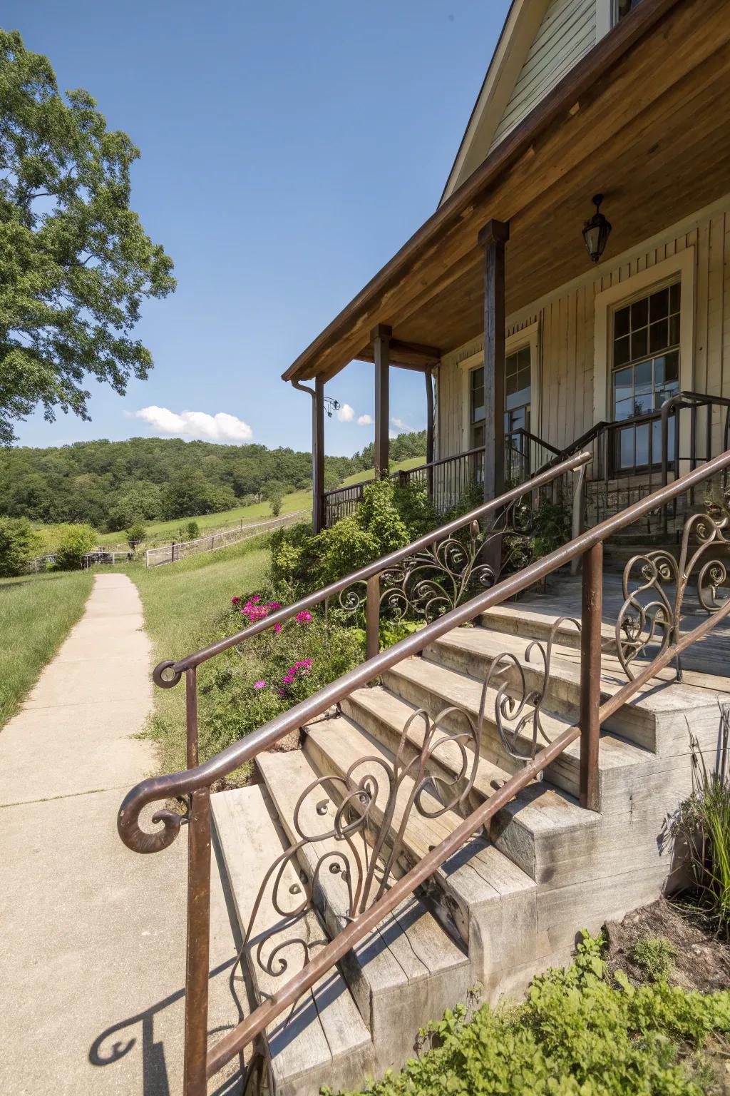 Wrought iron railings add rustic charm.