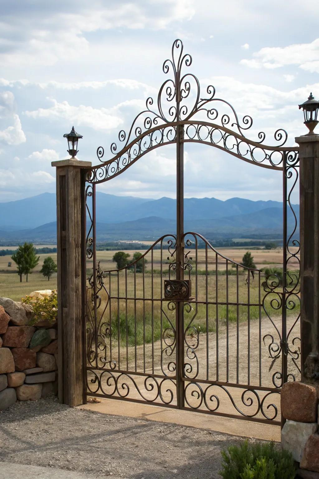 An intricately designed iron gate, adding an artistic touch to the ranch entrance.