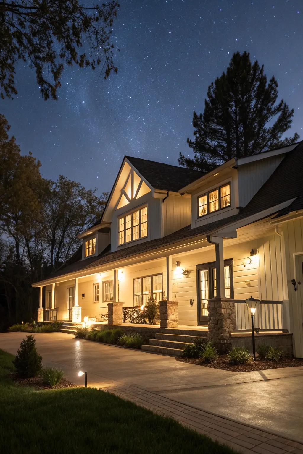 Outdoor lighting enhances the evening ambiance of this ranch home.