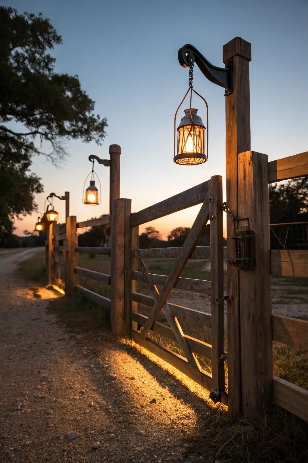 A ranch gate with charming vintage lighting.