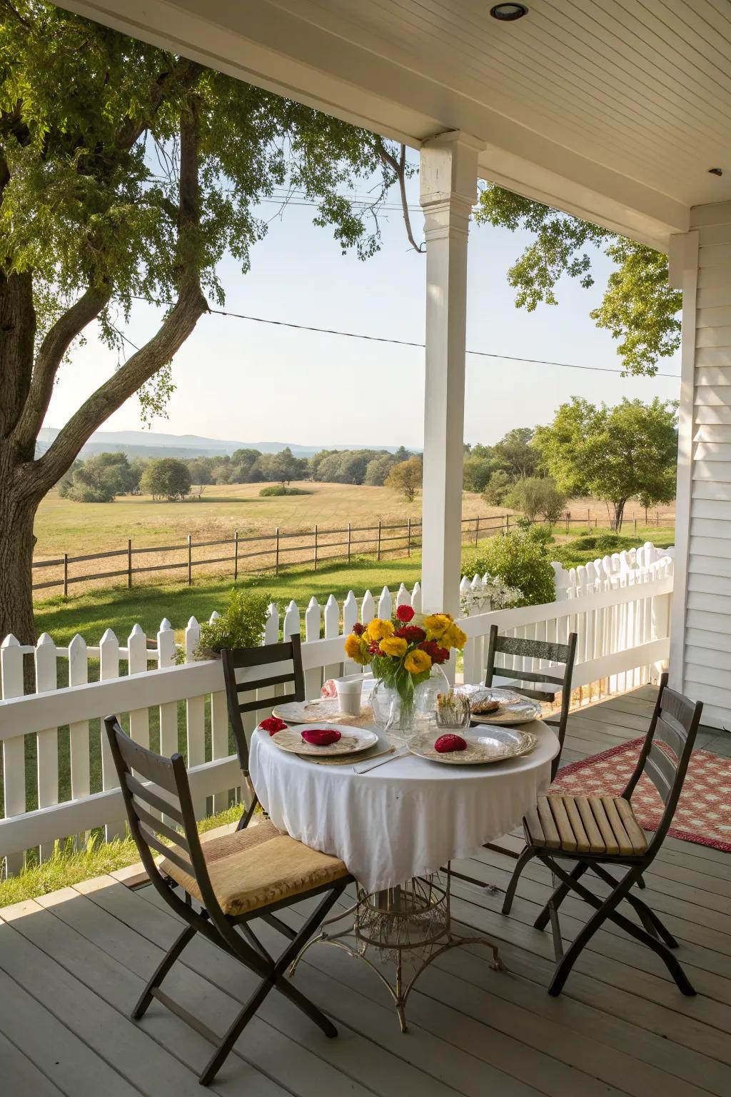 A multi-functional porch with a dining area for meals and work.