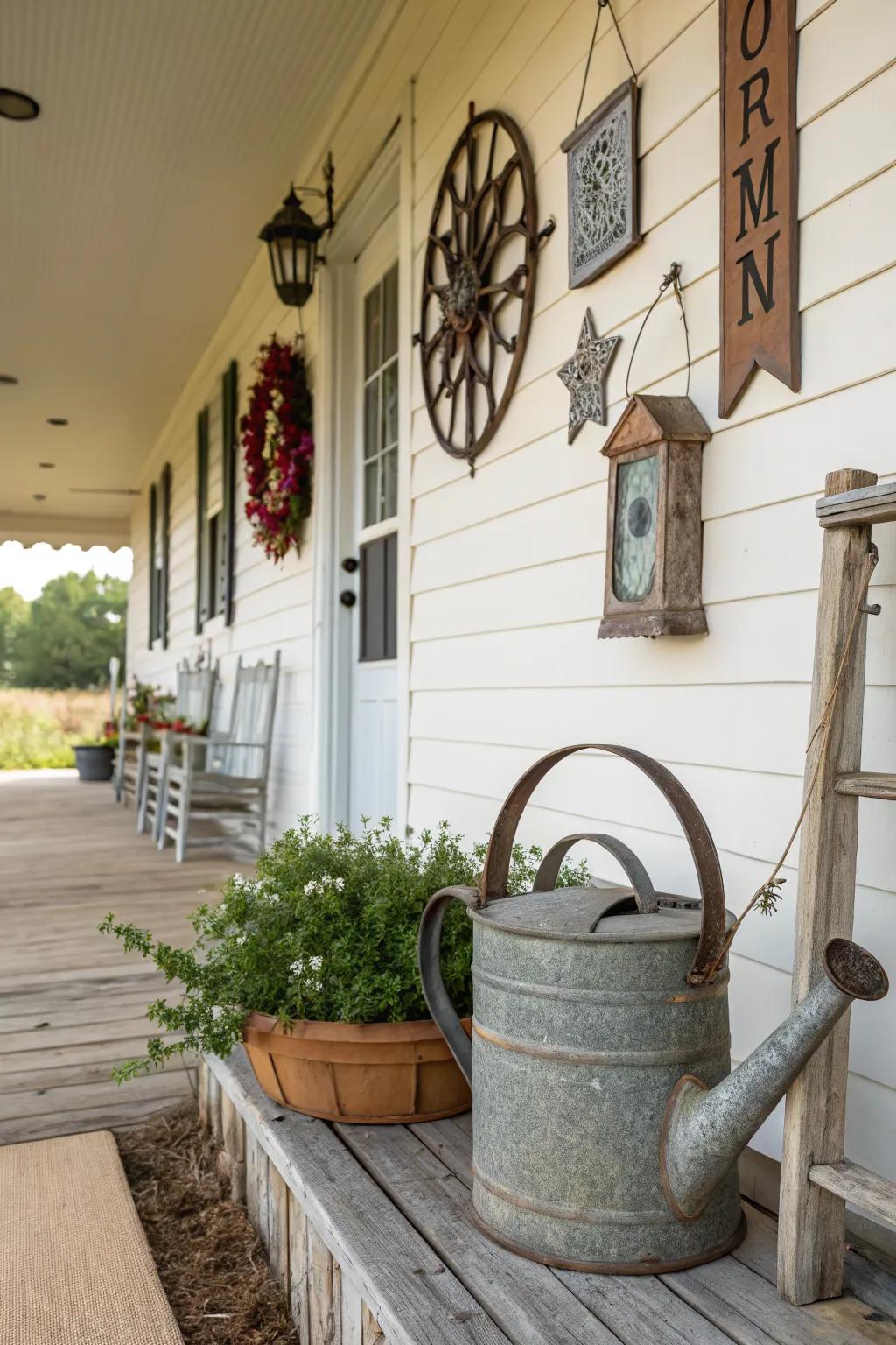Vintage decor pieces bring character and charm to the porch.