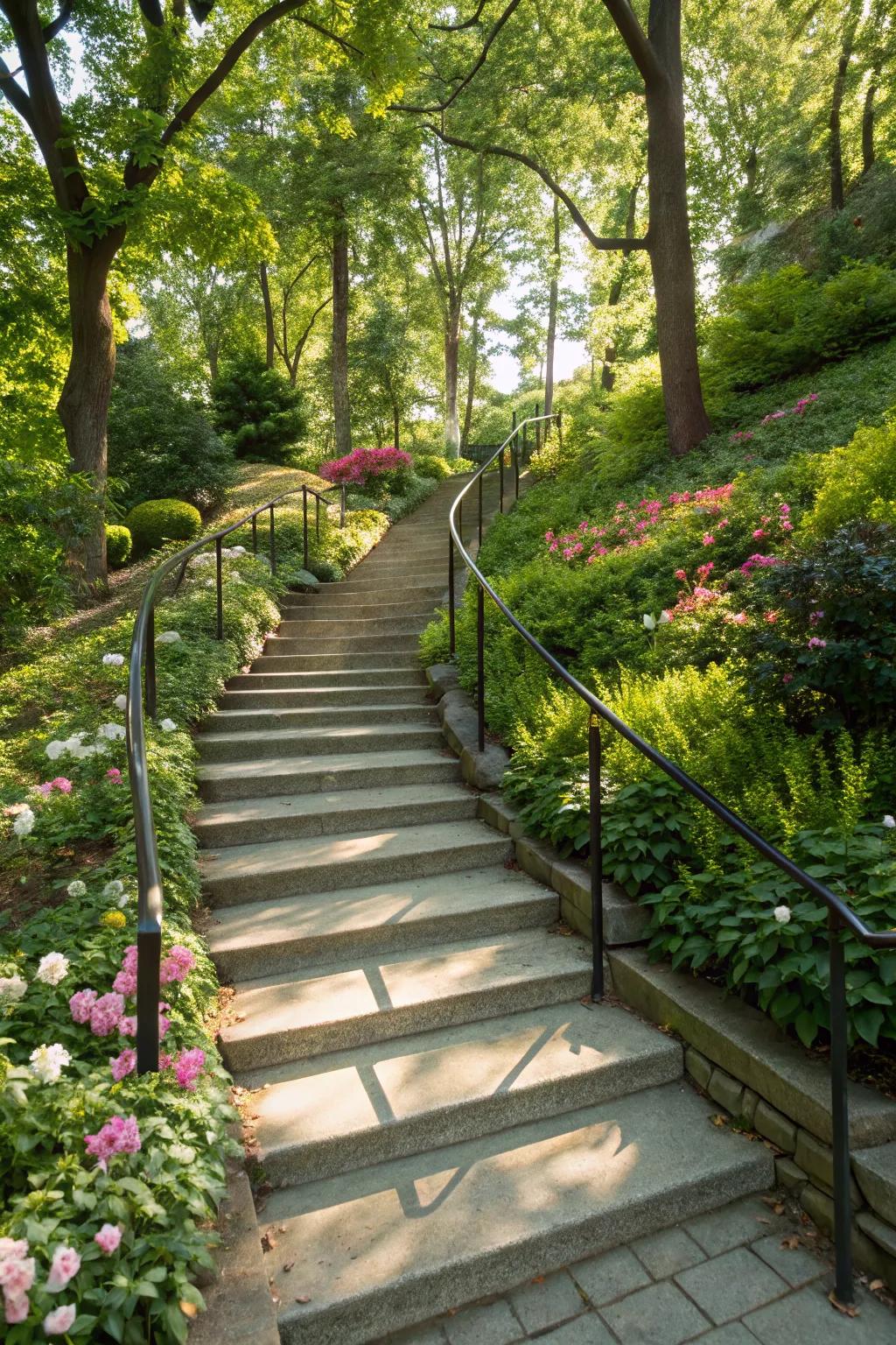 Create a seamless transition with rebar railings on staircases.